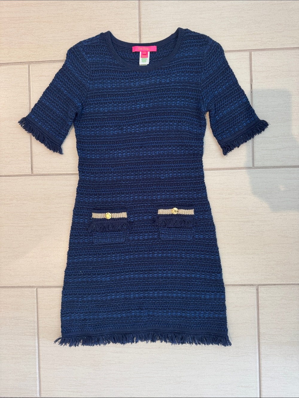 Lilly Pulitzer Navy Knit Mini Dress with Gold Button Pocket Trim